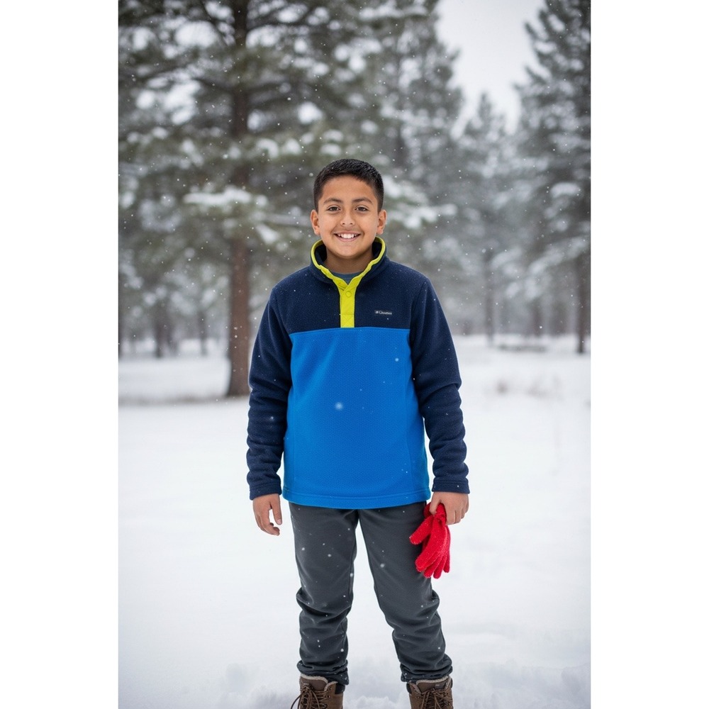 Columbia Boys Steens Mountain Fleece Pullover Blue Navy Lime Green Snap Neck M